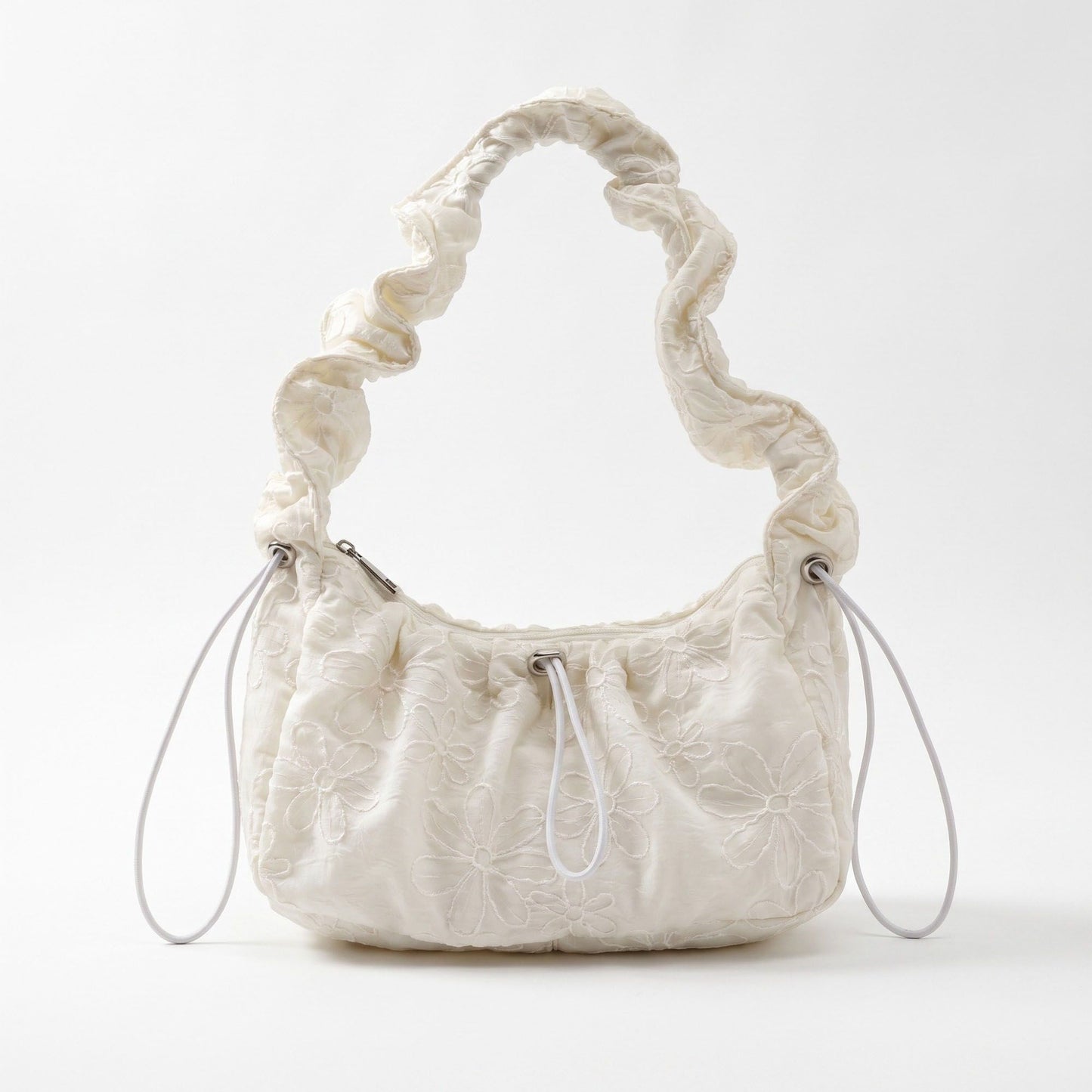 Floral Embroidered Ruched Shoulder Bag with Drawstring Closure 11x8.3x3in