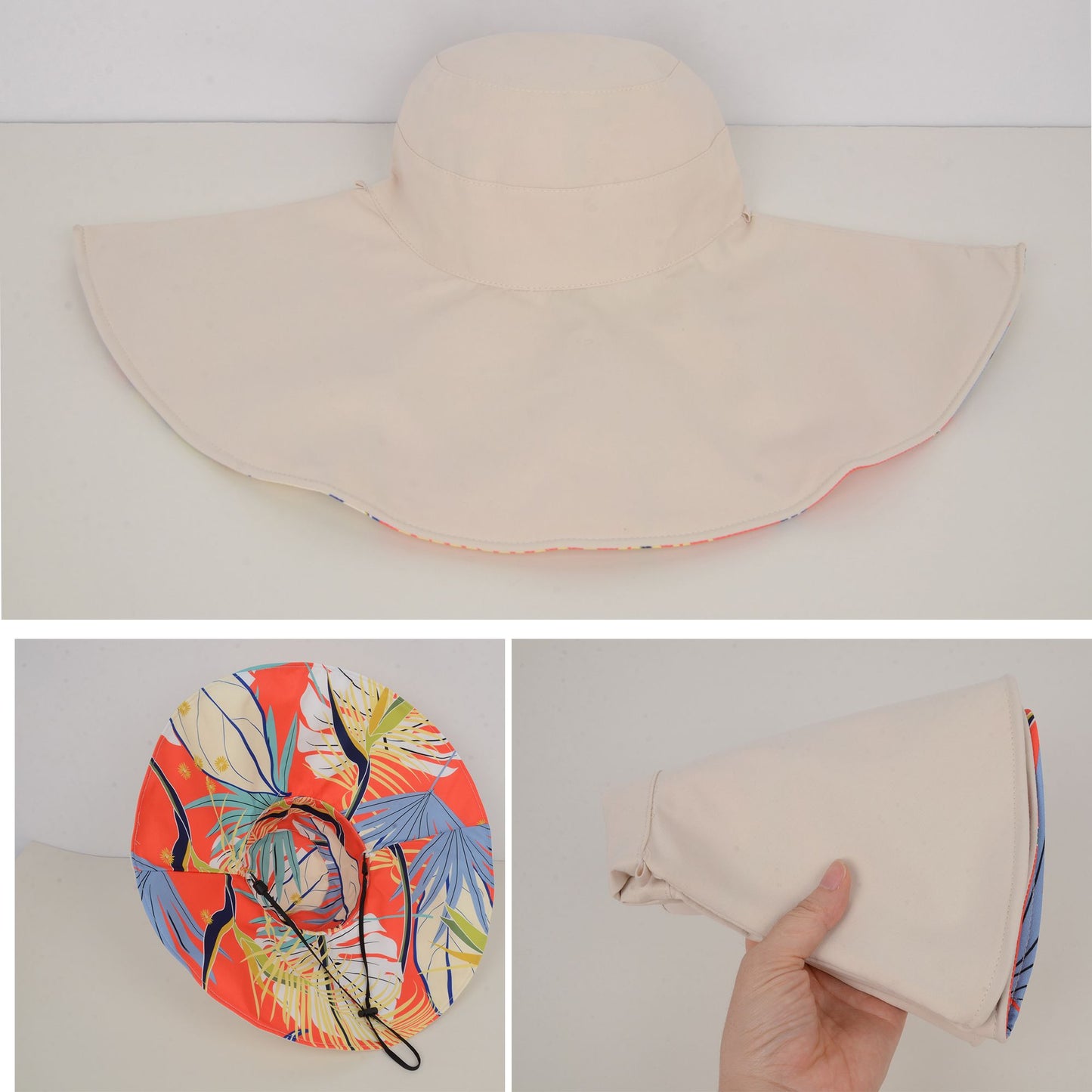 Wide Brim Floppy Sun Hat with Colorful Printed Underside UV Protection Lightweight Foldable Design for Outdoor Use