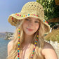 Crochet Bucket Sun Hat with Beaded Chin Strap and Open Weave Brim