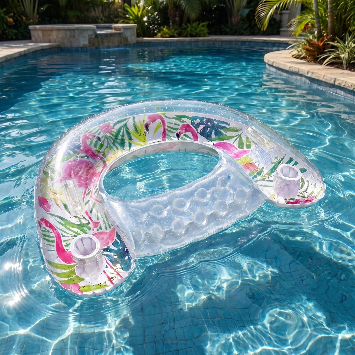 Tropical Inflatable Pool Float with Cup Holders and Contoured Lounge Seat