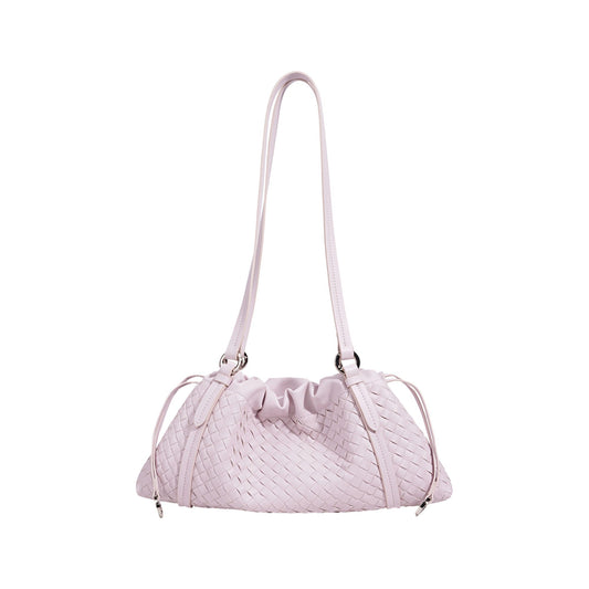 Woven Leather Shoulder Satchel with Ruched Top Detail Long Straps and Slouchy Shape