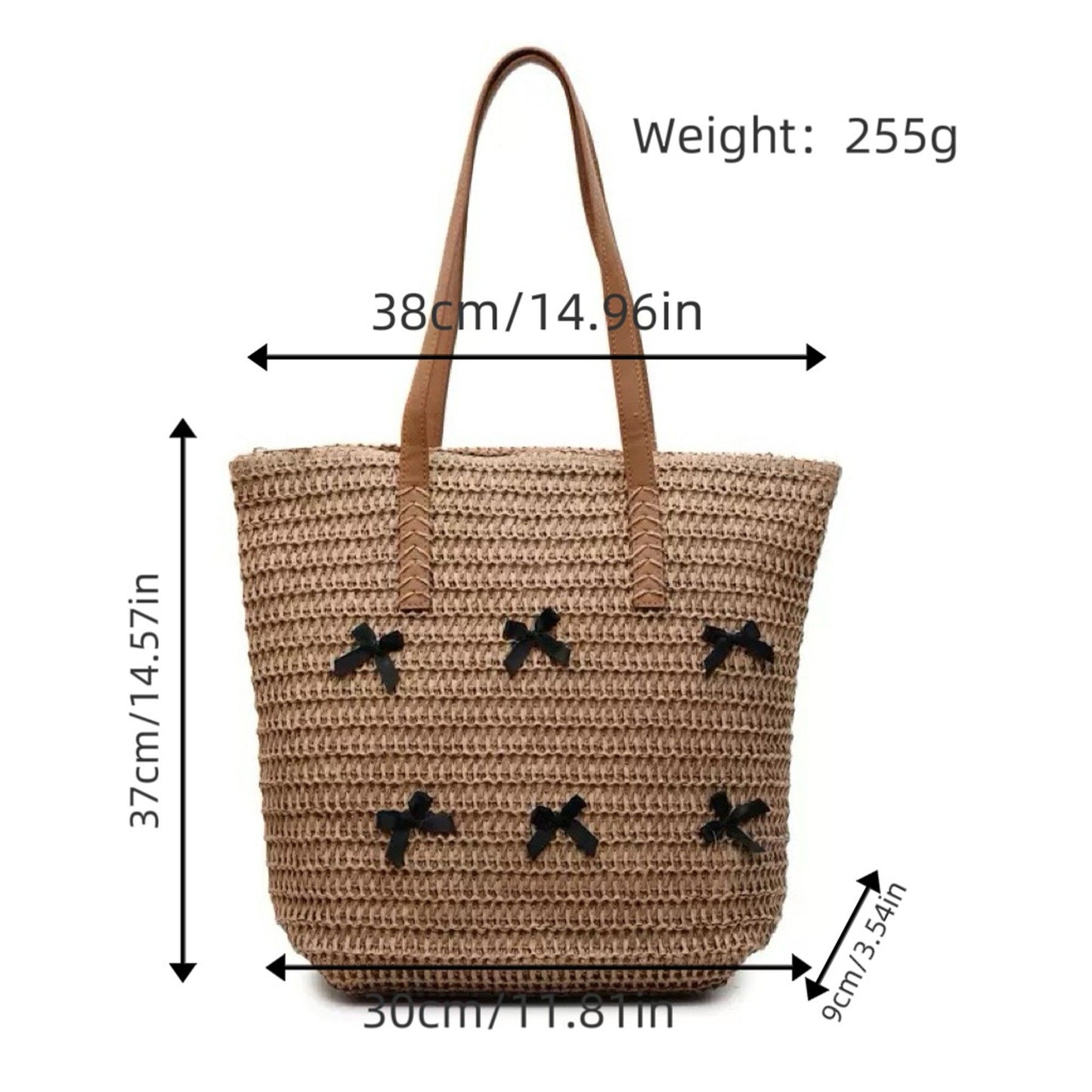 Woven Crochet Tote Bag with Bow Detail Leather Strap Shoulder Handbag Lightweight Knit Large Tote