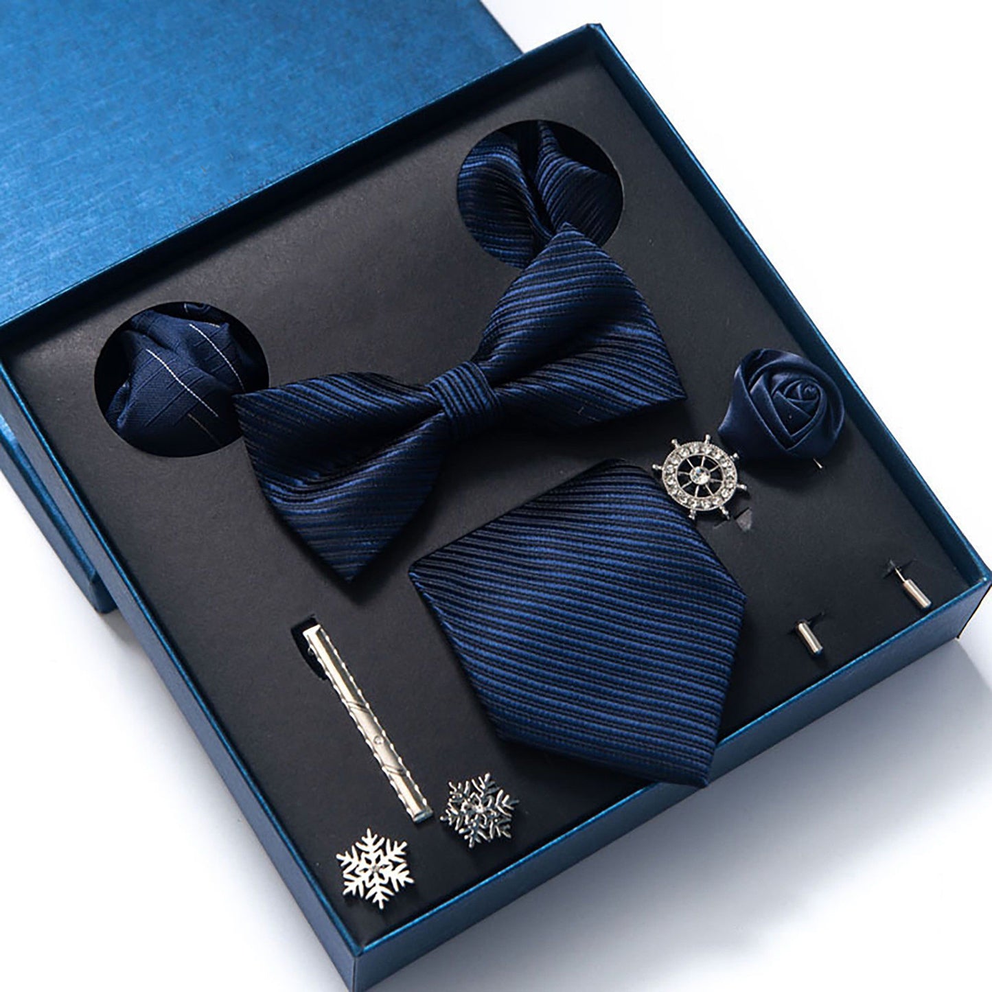 Men's Micro Grid Pattern Bow Tie Gift Set Pre-Tied Bowtie Pocket Square Cufflinks Tie Clip Formal Accessory Set
