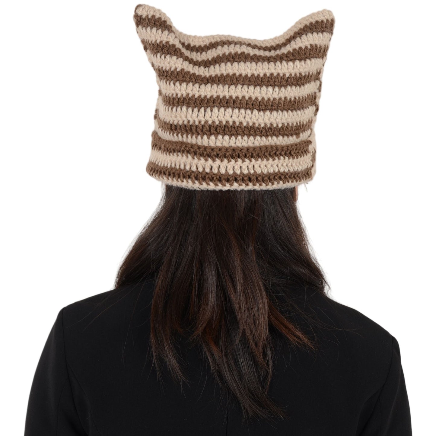 Vintage Crochet Hats Cute Cat Ear Striped Slouchy Beanies Cap for Women and Grey