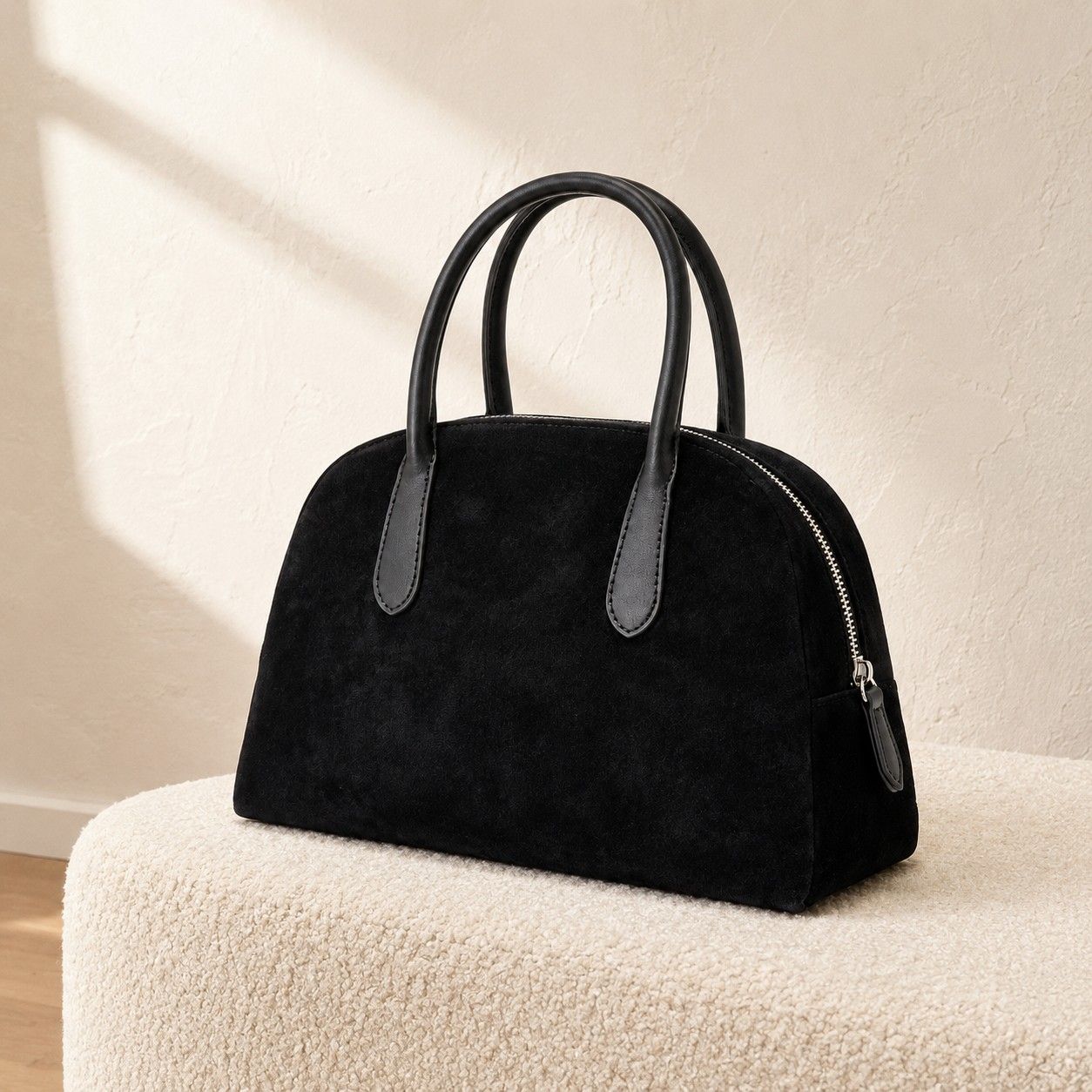 Faux Suede Satchel Bag with Double Handles Zip Closure and Interior Pockets