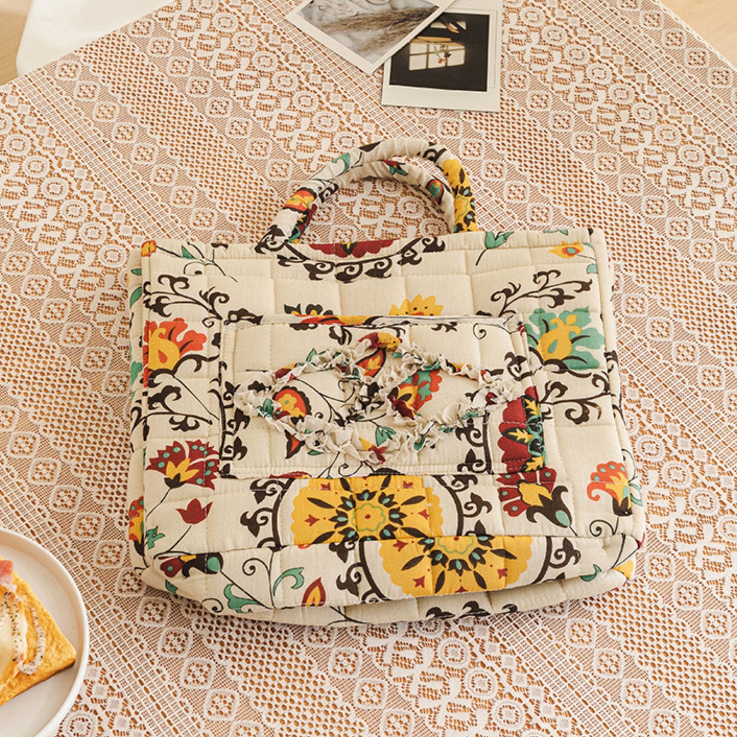 Fabric Storage Basket Quilted Cotton Organizer Bin with Floral Print Decorative Storage