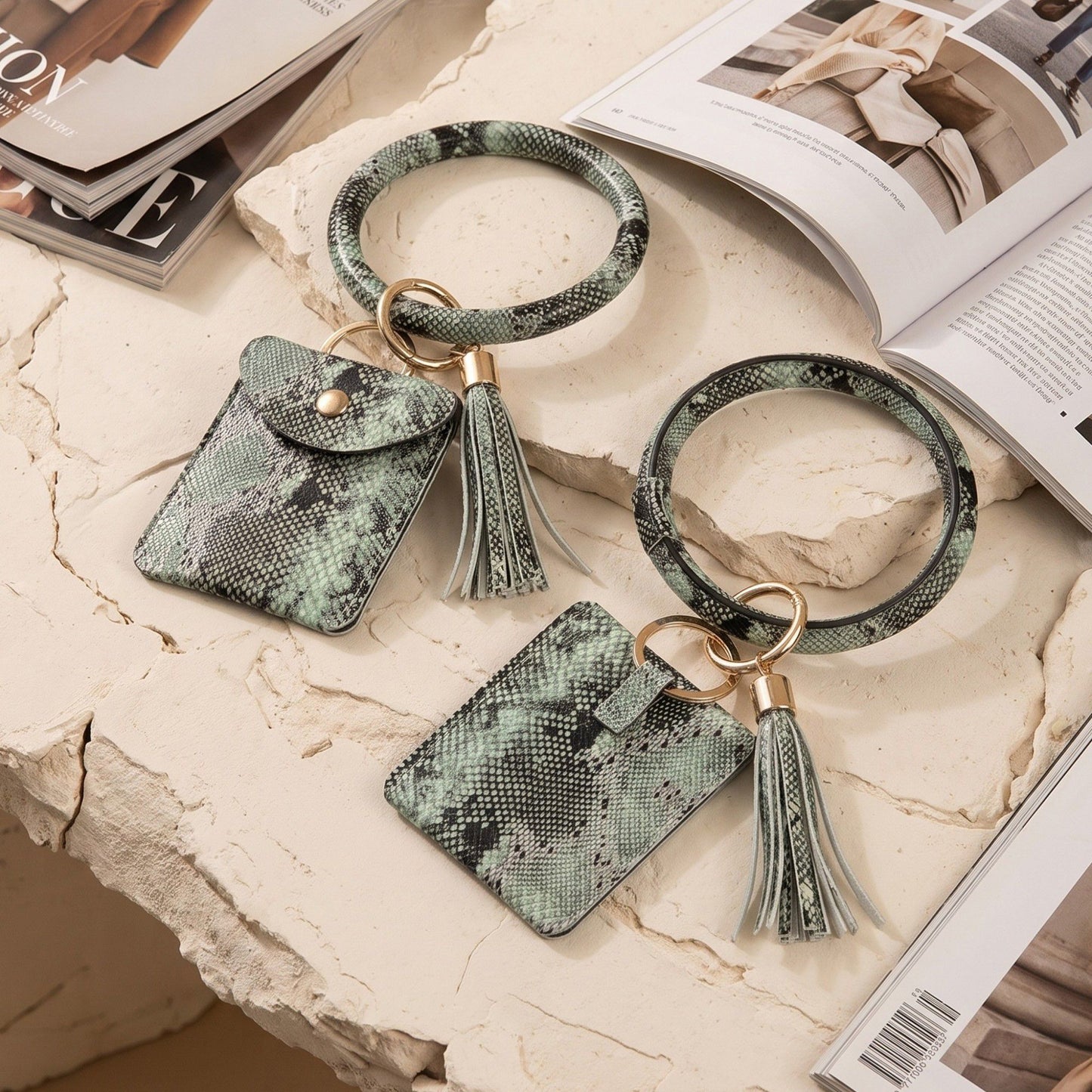 Womens Snakeskin Print Wristlet Keychain with Mini Pouch and Tassel