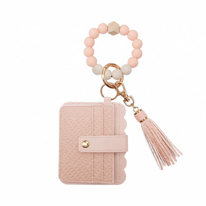 Beaded Wristlet Keychain with Card Holder and Tassel