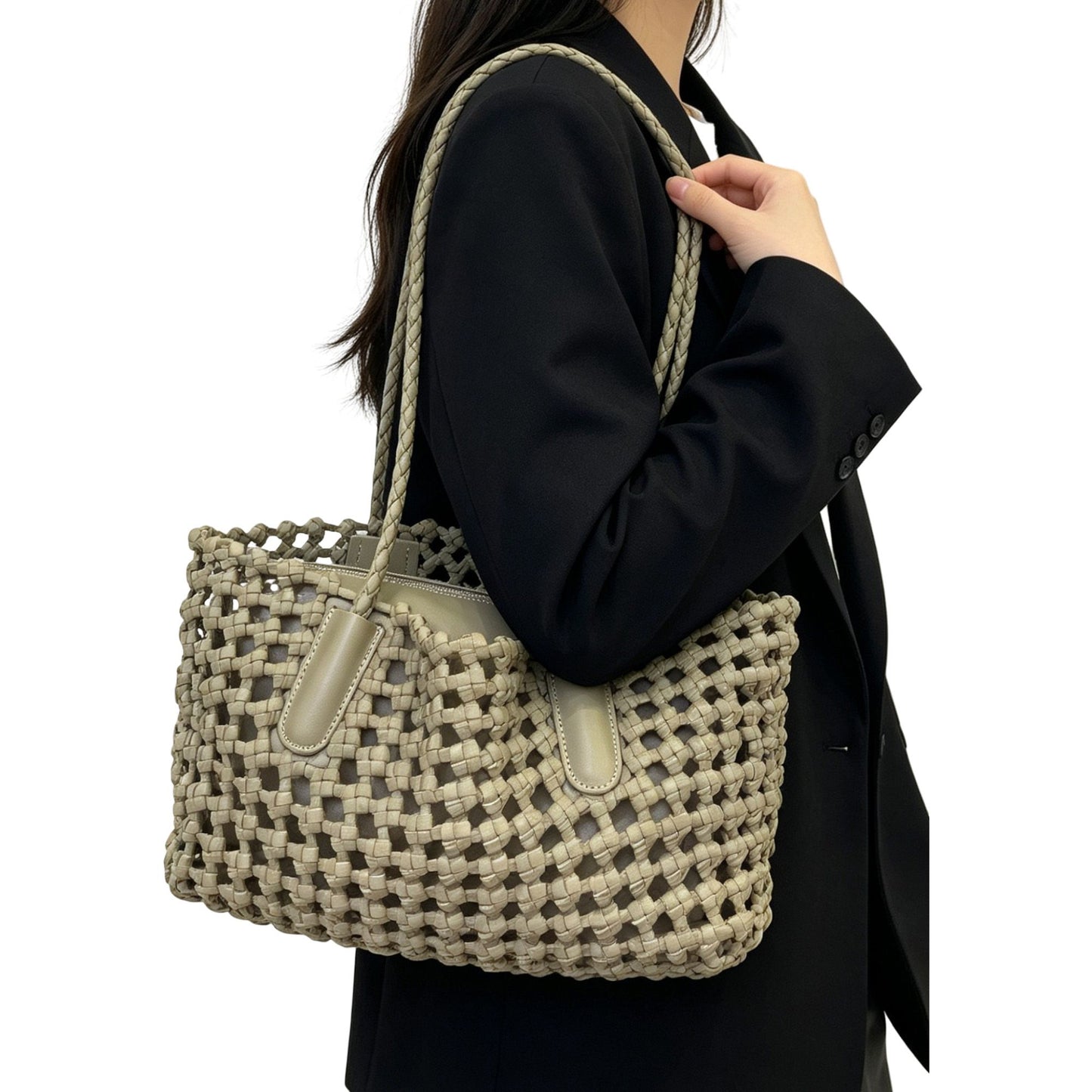 Open Weave Leather Tote Bag with Braided Shoulder Straps and Interior Zip Compartment