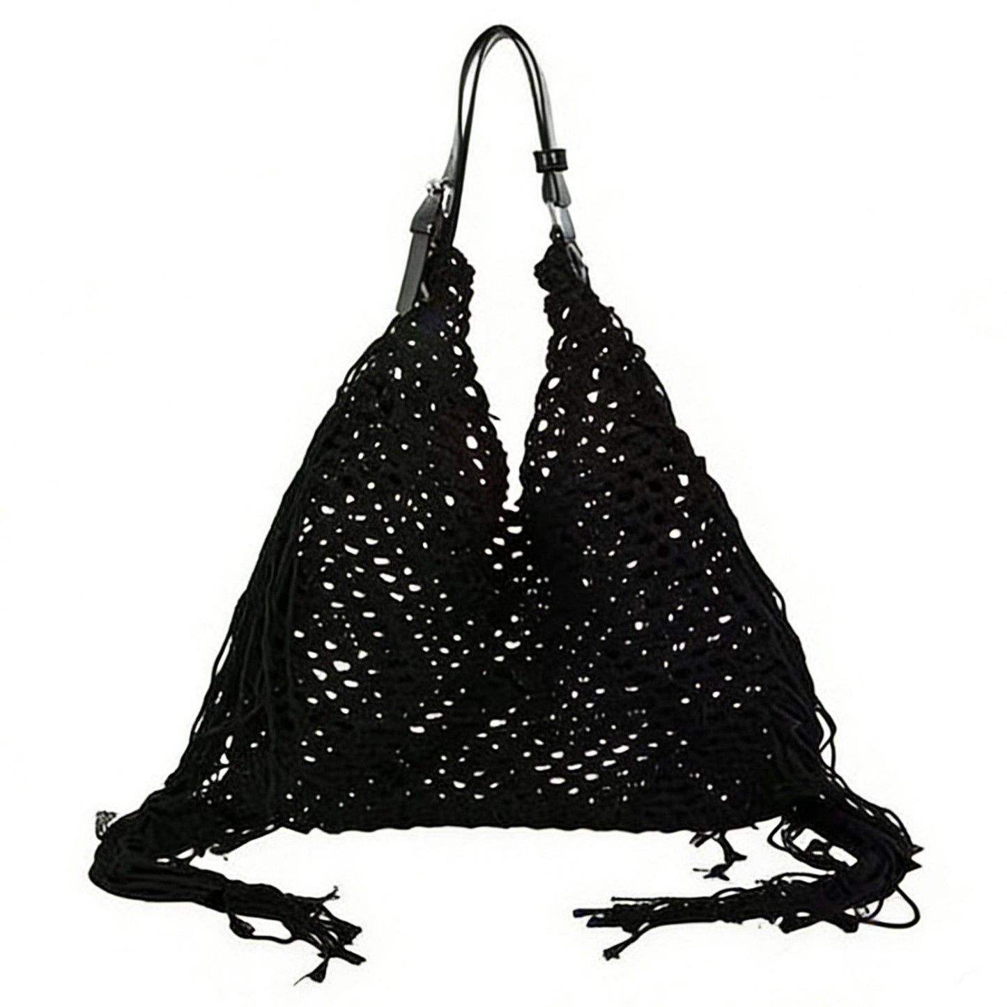 Woven Crochet Shoulder Bag with Fringe Detail Slouchy Hobo Style Lightweight Handbag