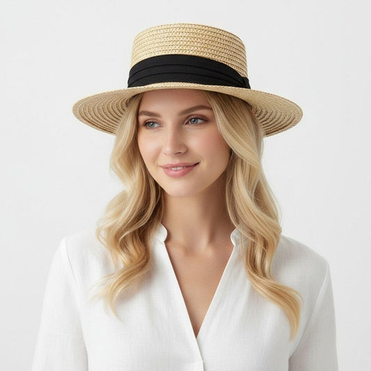 Straw Boater Hat Flat Top Wide Brim Summer Beach Sun Hat Lightweight