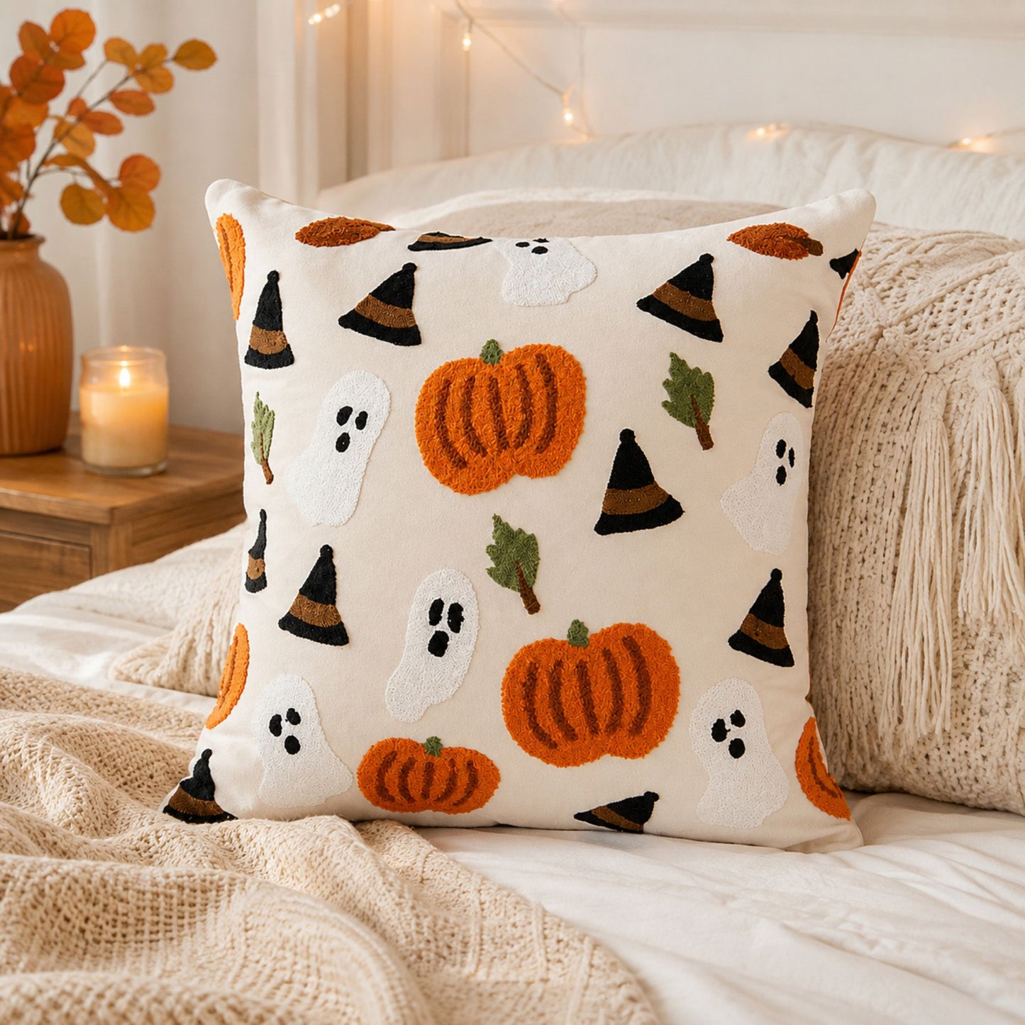 Halloween Pumpkin Embroidered Decorative Throw Pillow Cover 17.7x17.7in