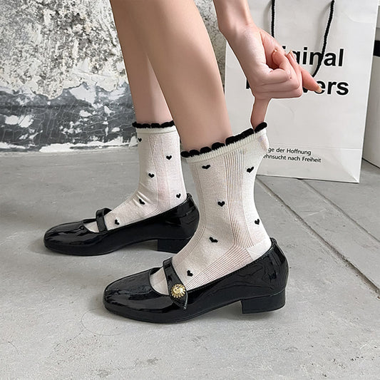 4 Pairs Crew Socks with Black and White Patterns Soft Cotton Texture Heart and Stripe for Flats and Dress Shoes