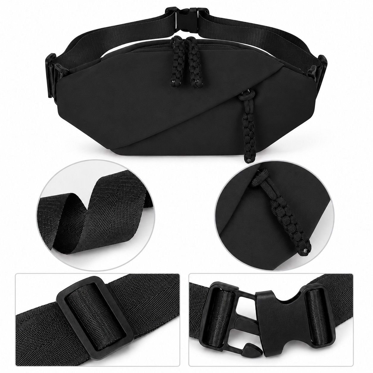 Crossbody Sling Waist Bag with Adjustable Strap Zip Closure and Braided Pulls