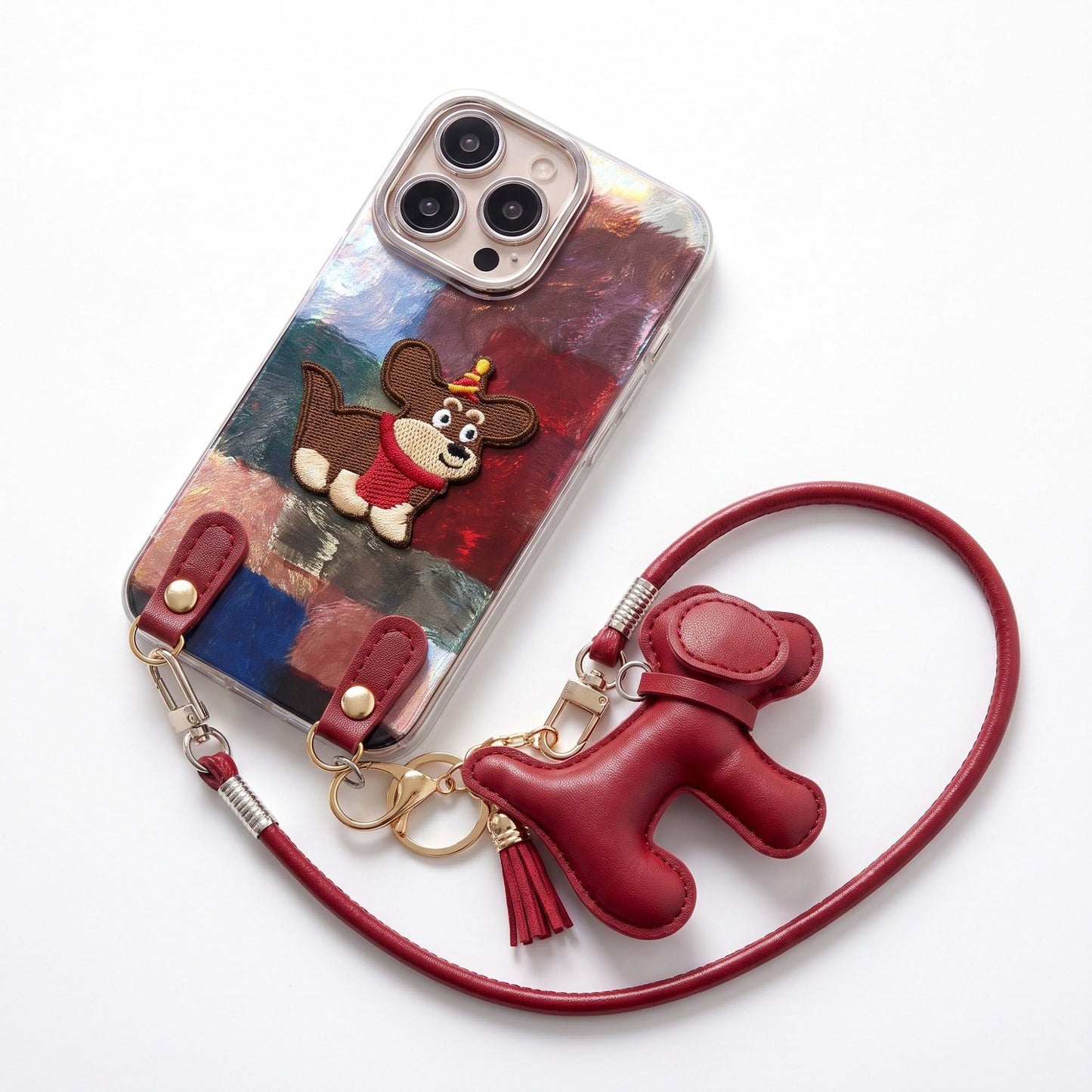 Dog Patch Phone Case Wrist Strap Set Puppy Charm Tassel Decorative Cover