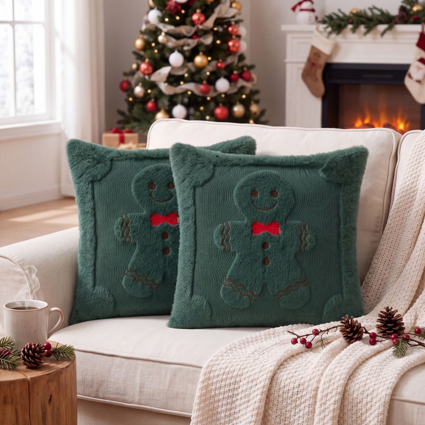 Christmas Gingerbread Throw Pillow Cover Plush Decorative Cushion Cover for Sofa Bed