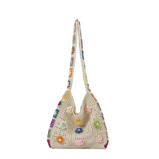 Women's Crochet Shoulder Bag with Daisy Applique and Wide Strap