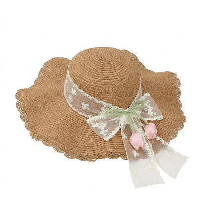 Wide Brim Straw Sun Hat with Scalloped Edge Lace Bow and Floral Accent