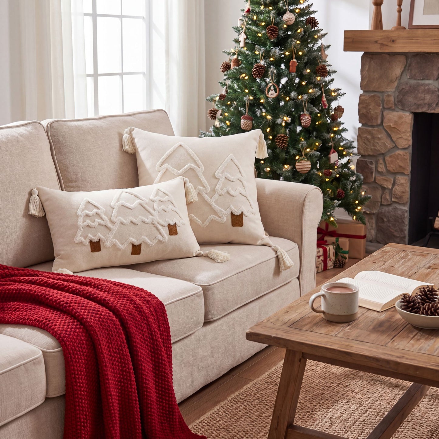Christmas Tree Tufted Square Throw Pillow Cover with Tassels Holiday Decor