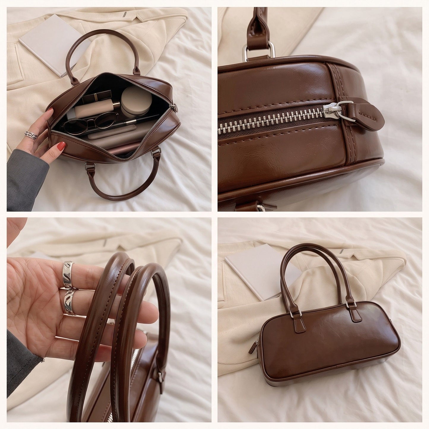 East West Faux Leather Bowler Shoulder Bag with Double Handles and Zip Closure
