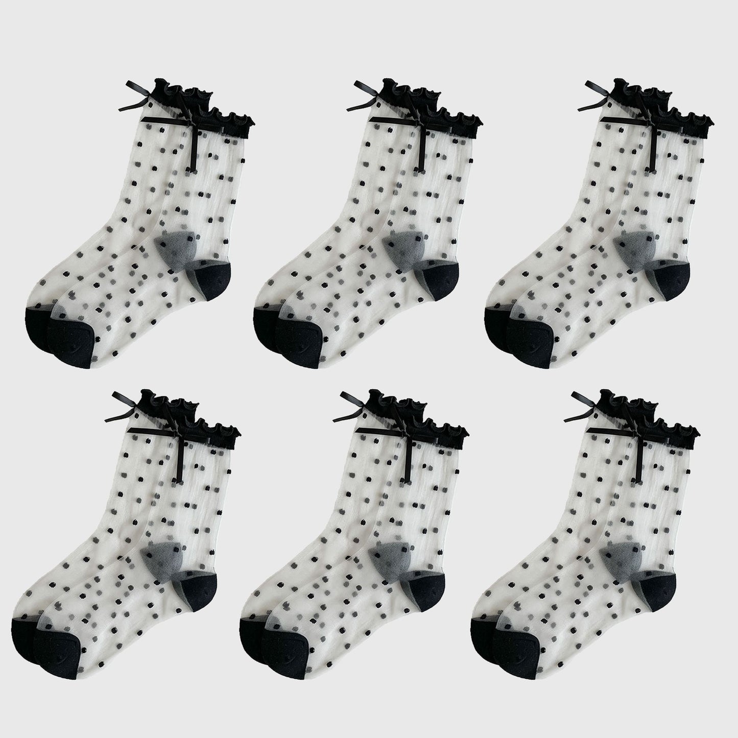 Sheer Polka Dot Ankle Socks with Bow Detail 6pk