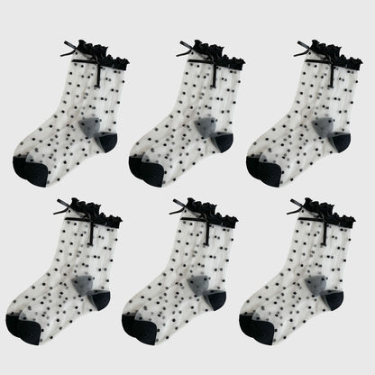 Sheer Polka Dot Ankle Socks with Bow Detail 6pk