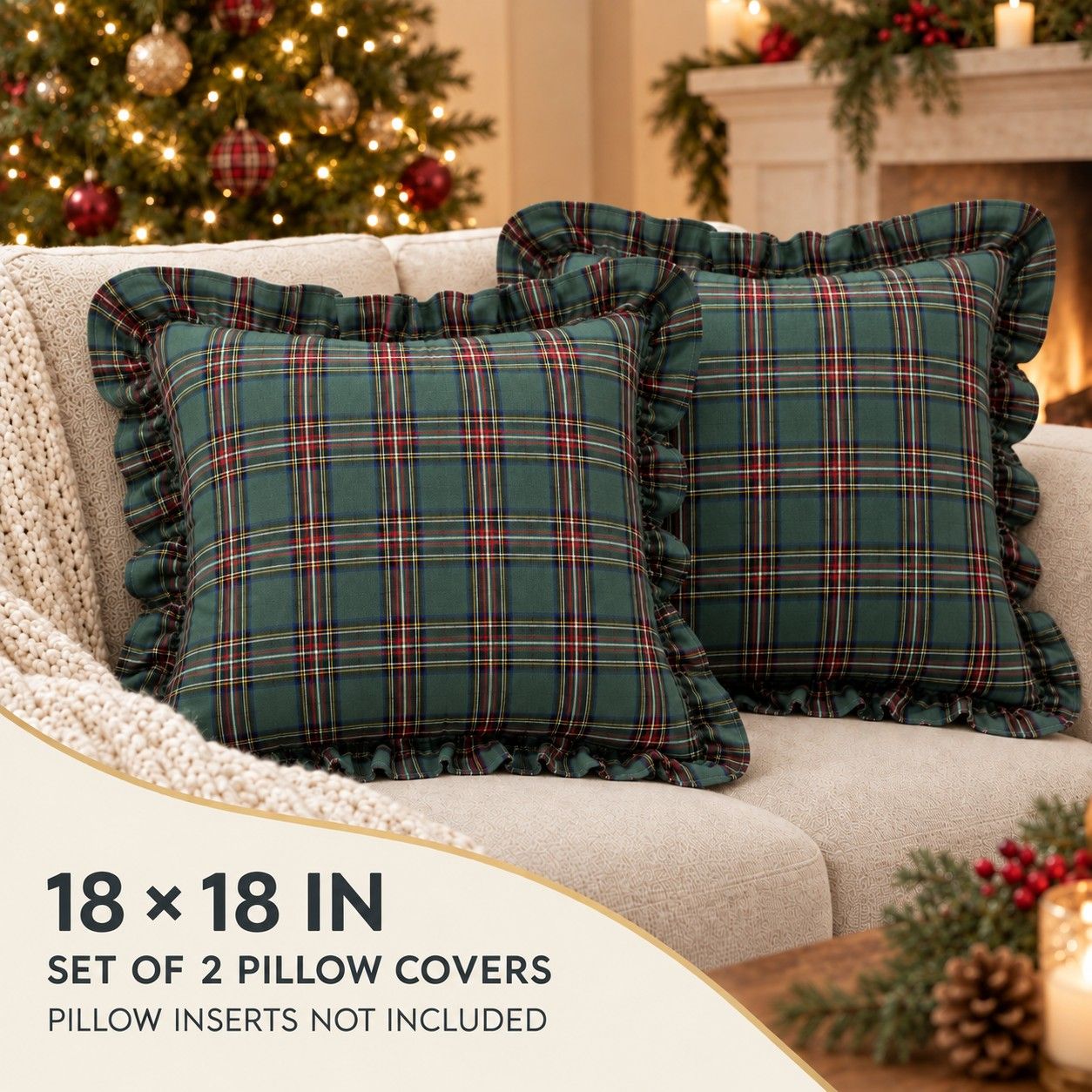 2 Pack Christmas Plaid Ruffle Throw Pillow Covers 18 x 18 Inch for Couch and Bed