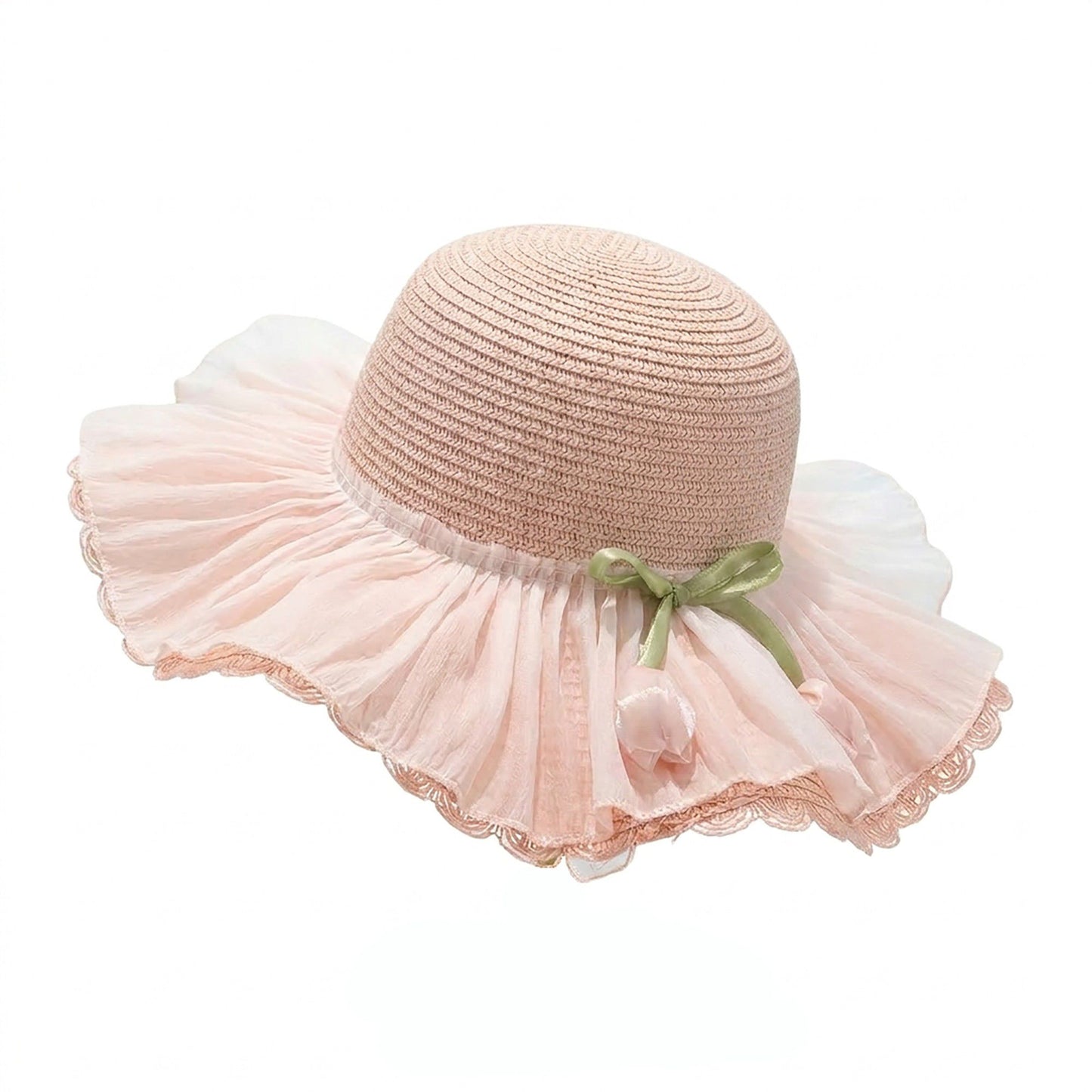 Wide Brim Straw Sun Hat with Pleated Sheer Brim Bow Accent and Floral Trim