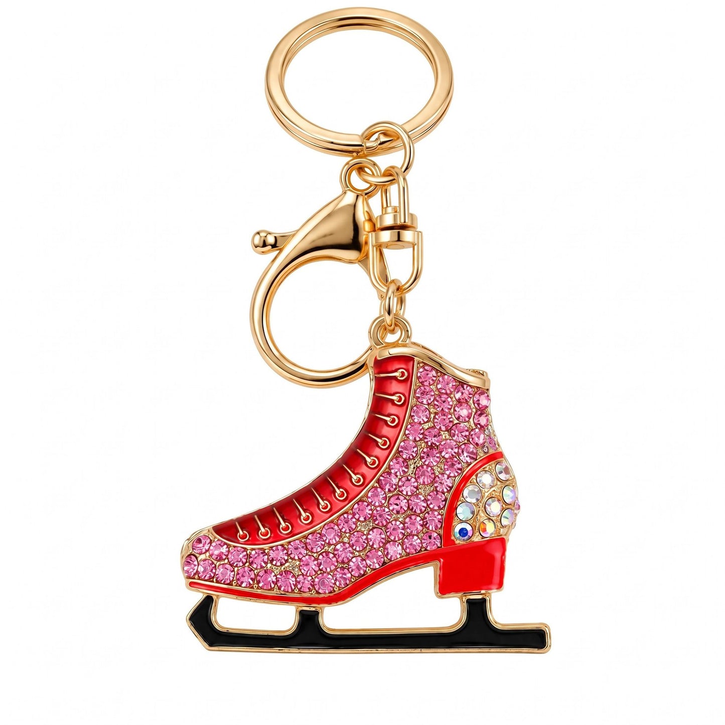 Ice Skate Rhinestone Keychain Bag Charm with Gold Tone Clasp and Key Ring