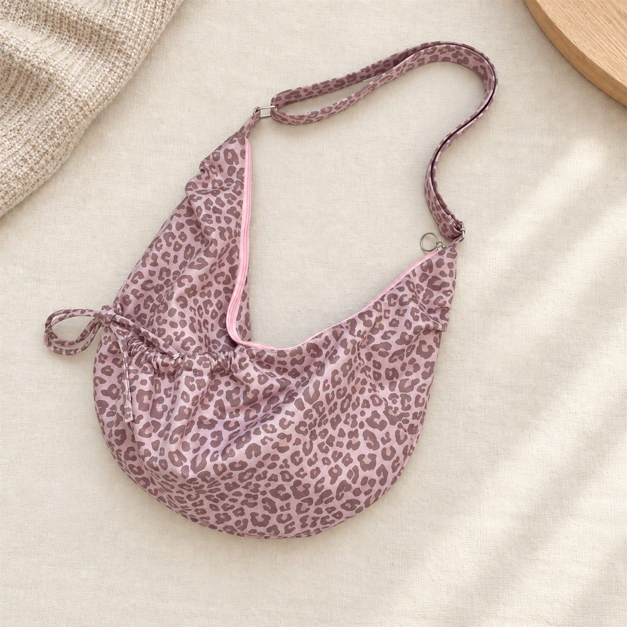Leopard Print Suede Look Crescent Hobo Shoulder Bag with Zip Closure and Exterior Pocket