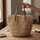 Woven Crochet Tote Bag with Leather Shoulder Straps Large Capacity Knit Handbag Lightweight Open Weave Tote