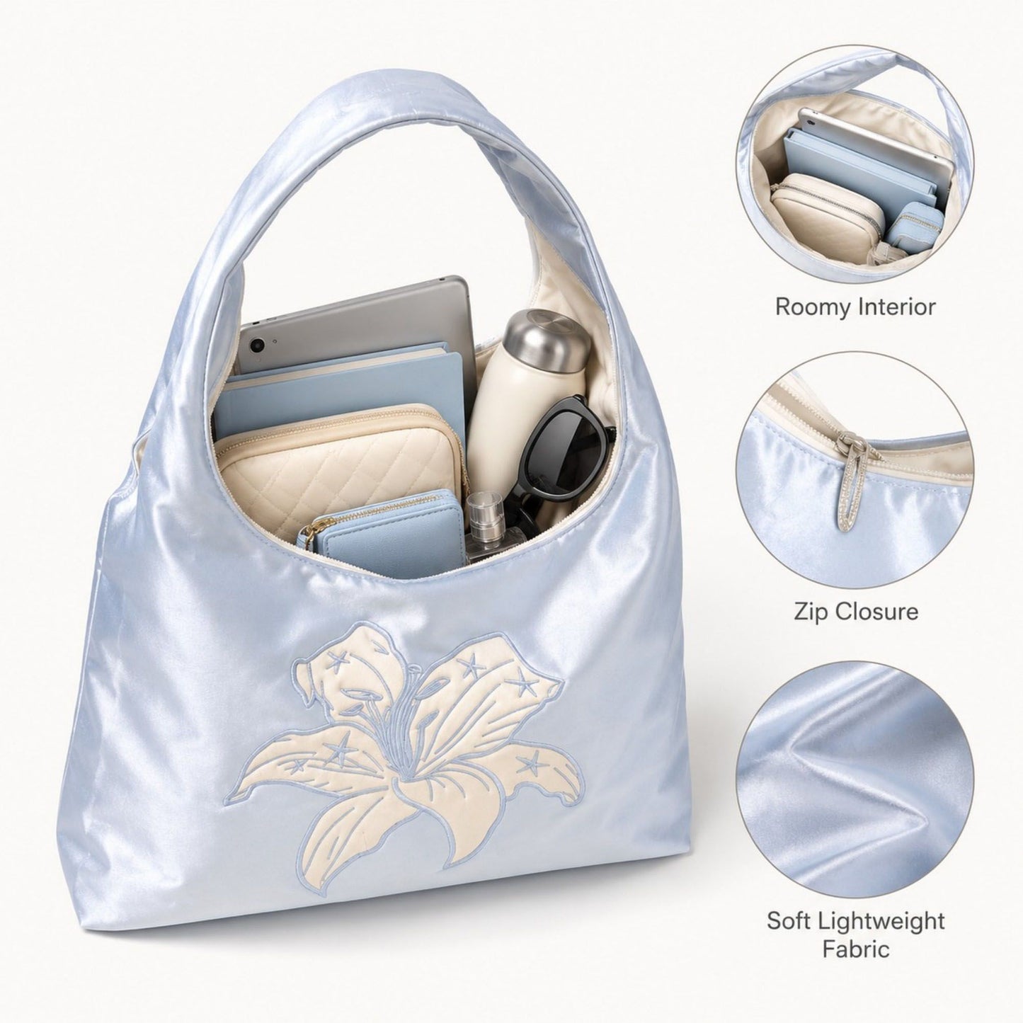 Satin Hobo Shoulder Bag with Embroidered Lily Detail