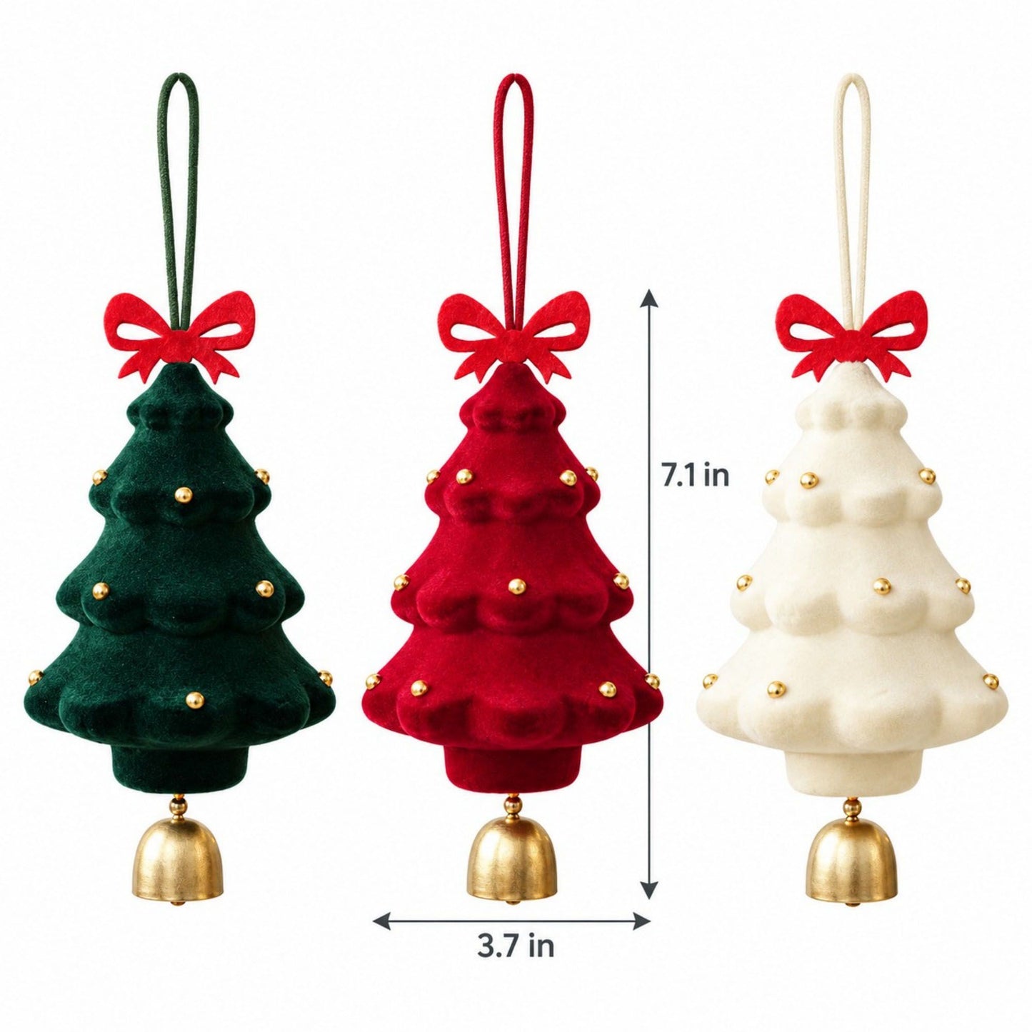 3 Pack Christmas Tree Ornaments with Bow and Bell Hanging Holiday Decorations