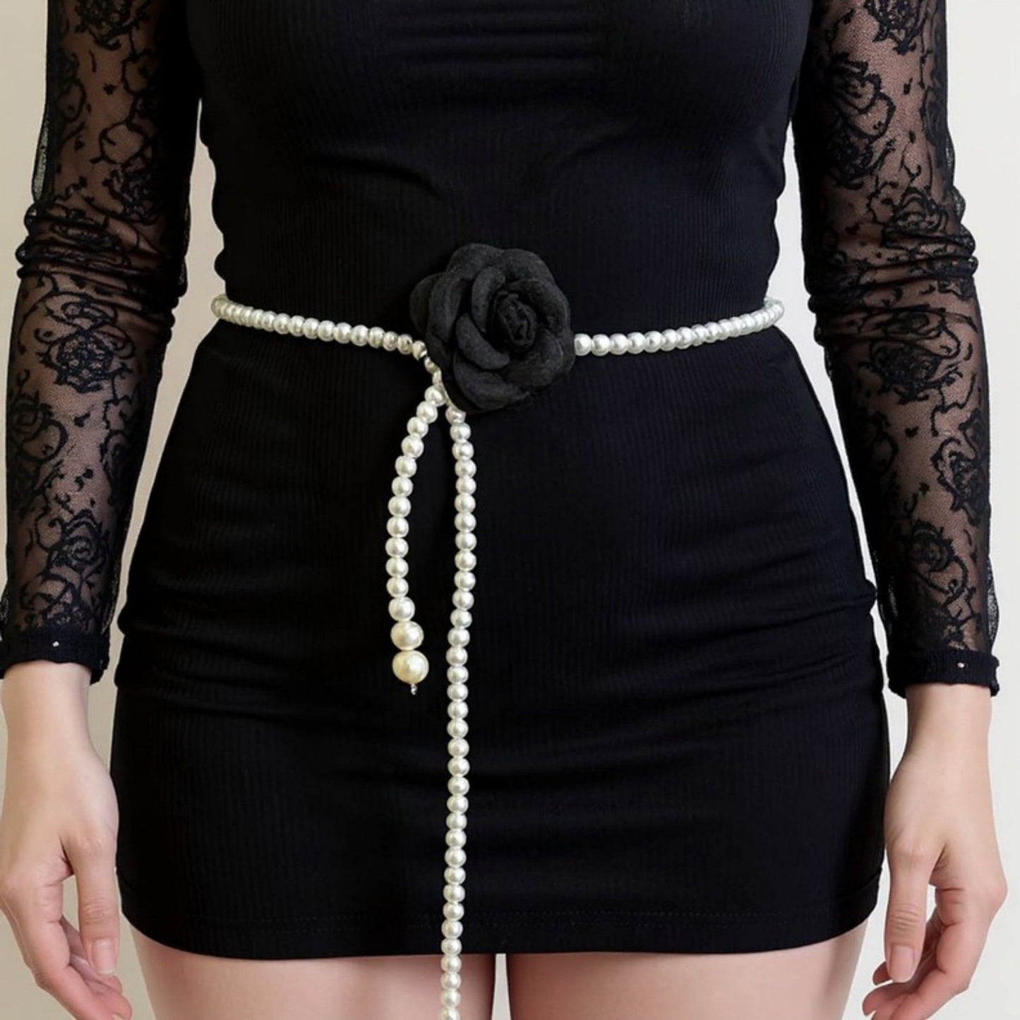 Faux Pearl Beaded Belt with Fabric Rose Accent and Drop Strand Detail 49in