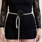 Faux Pearl Beaded Belt with Fabric Rose Accent and Drop Strand Detail 49in