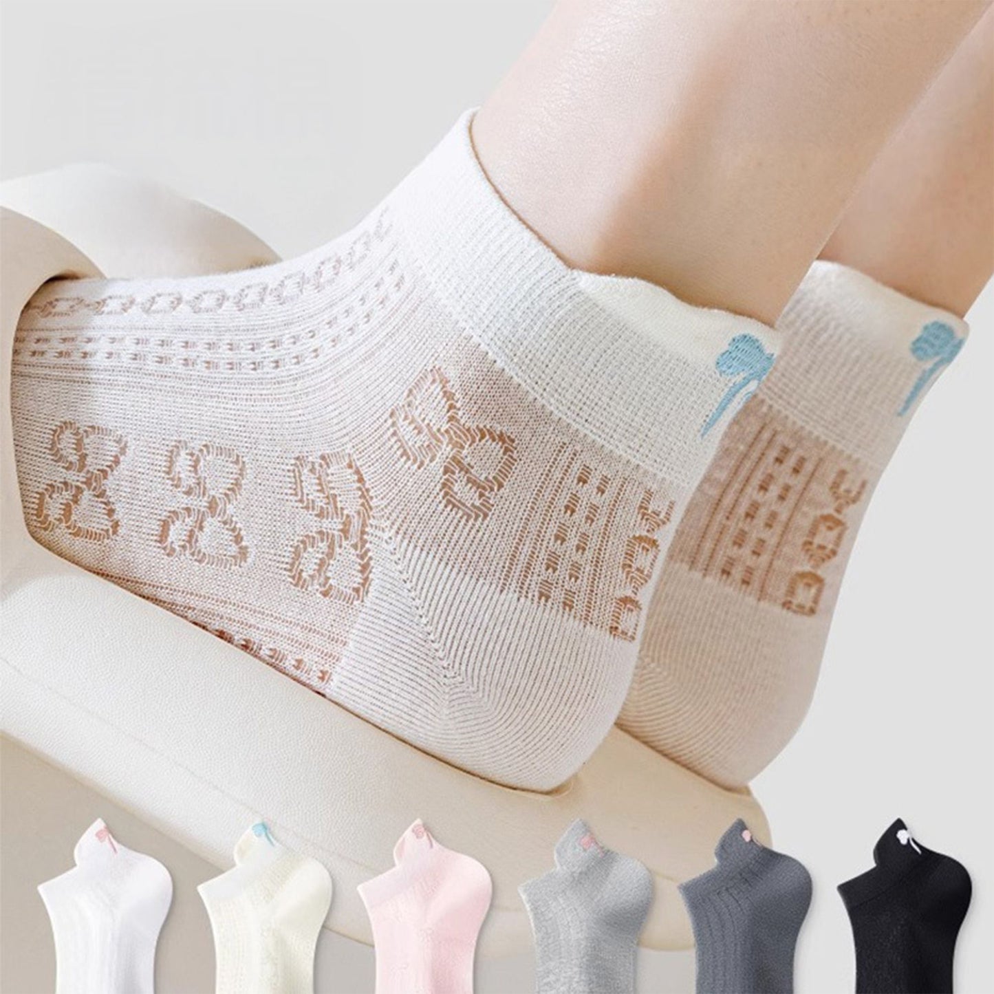 3-Pack Cotton Ankle Socks with Bow Knit Pattern Soft Breathable Low-Cut Design