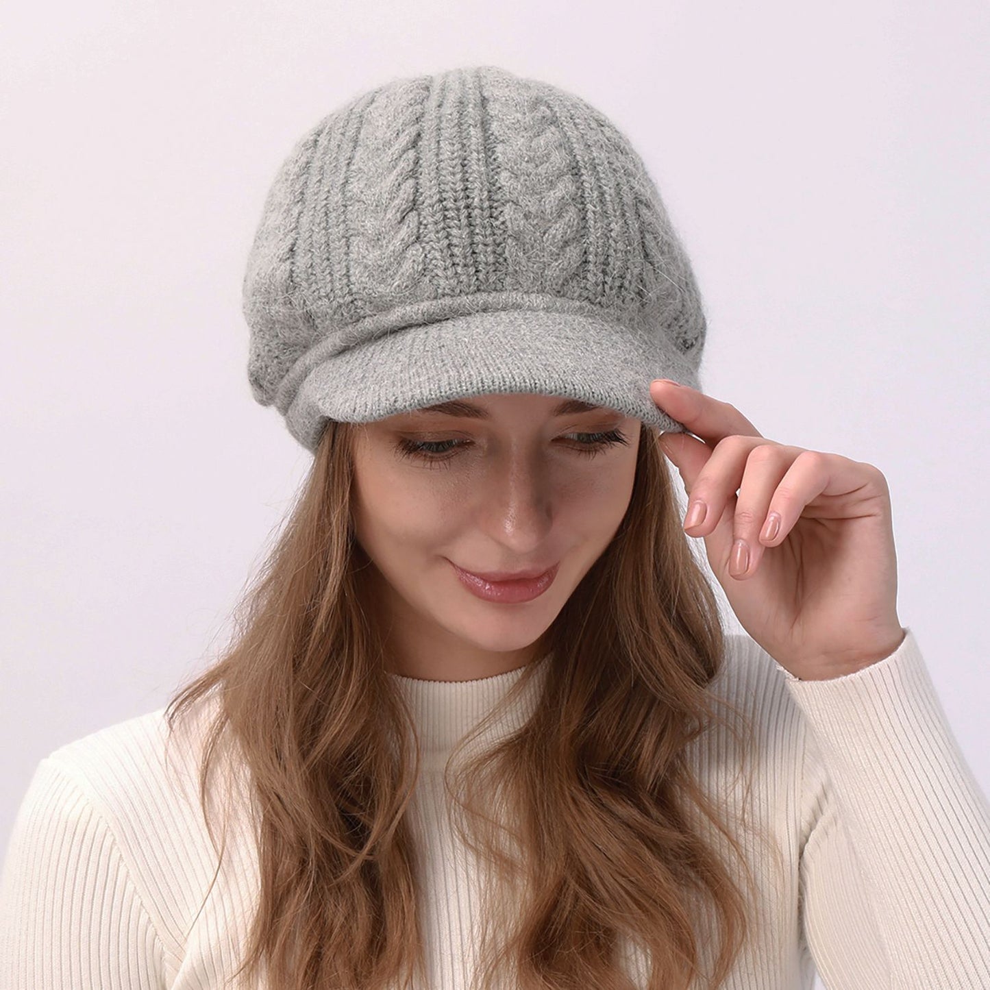 Cable Knit Brim Beanie Faux Fur Lined Warm Winter Hat
