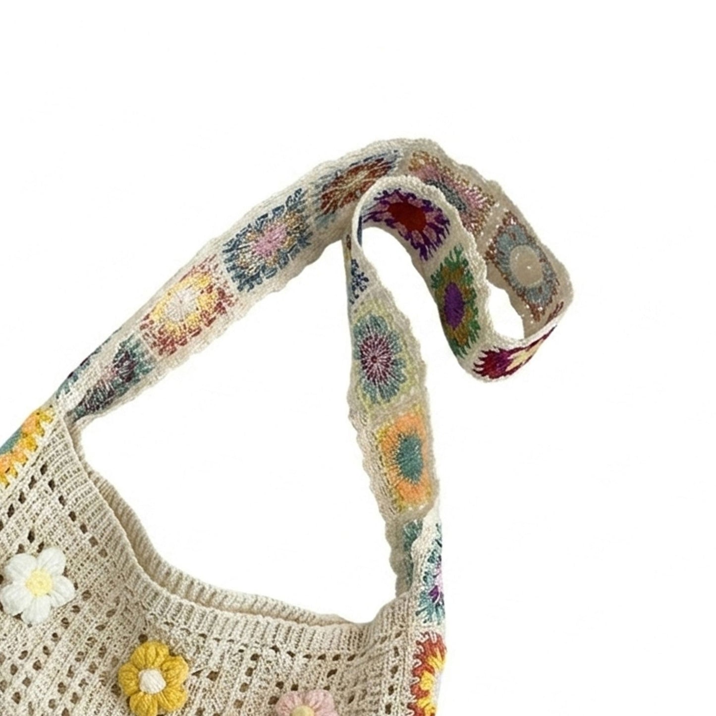 Crochet Shoulder Bag with Flower Applique and Wide Strap