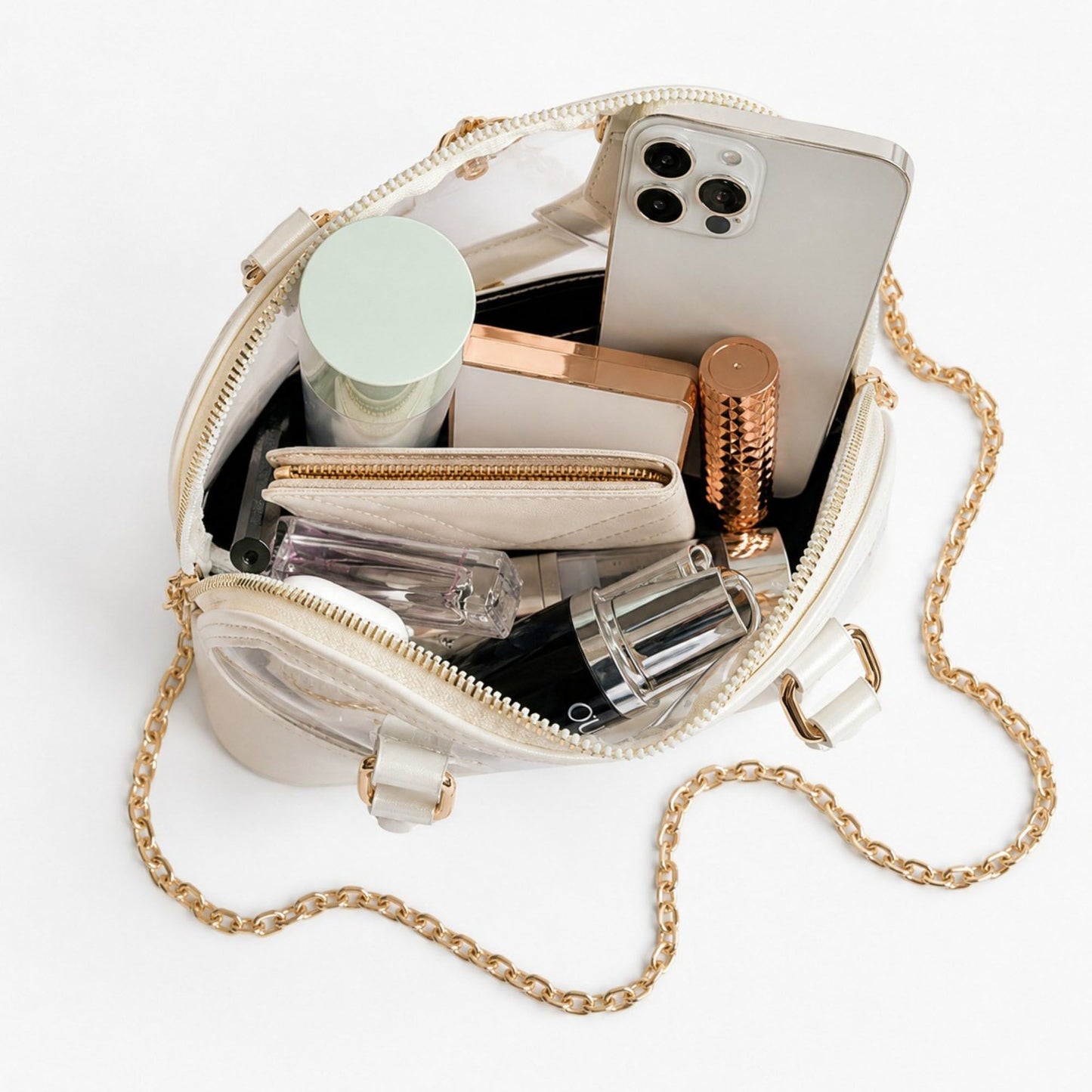 Clear PVC Mini Satchel Bag with Zipper Top and Detachable Chain Strap