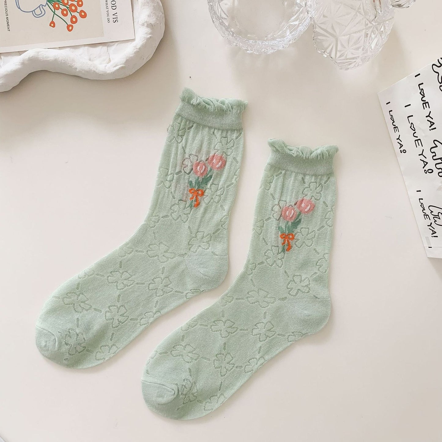 Sheer Floral Embroidered Ankle Socks with Ruffle Cuff 6Pk