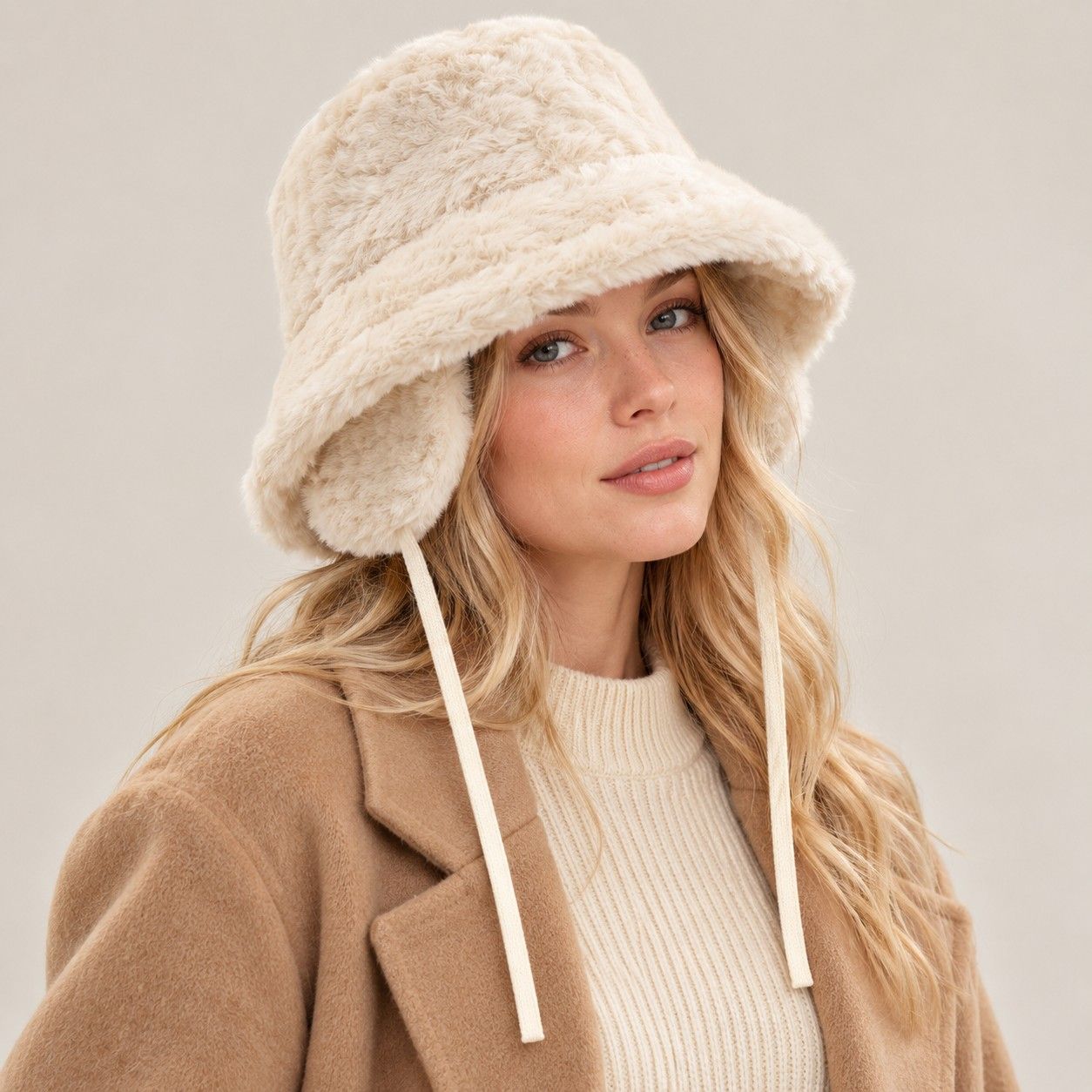 Plush Bucket Hat Removable Ear Flaps Tie Straps Fuzzy Winter Hat