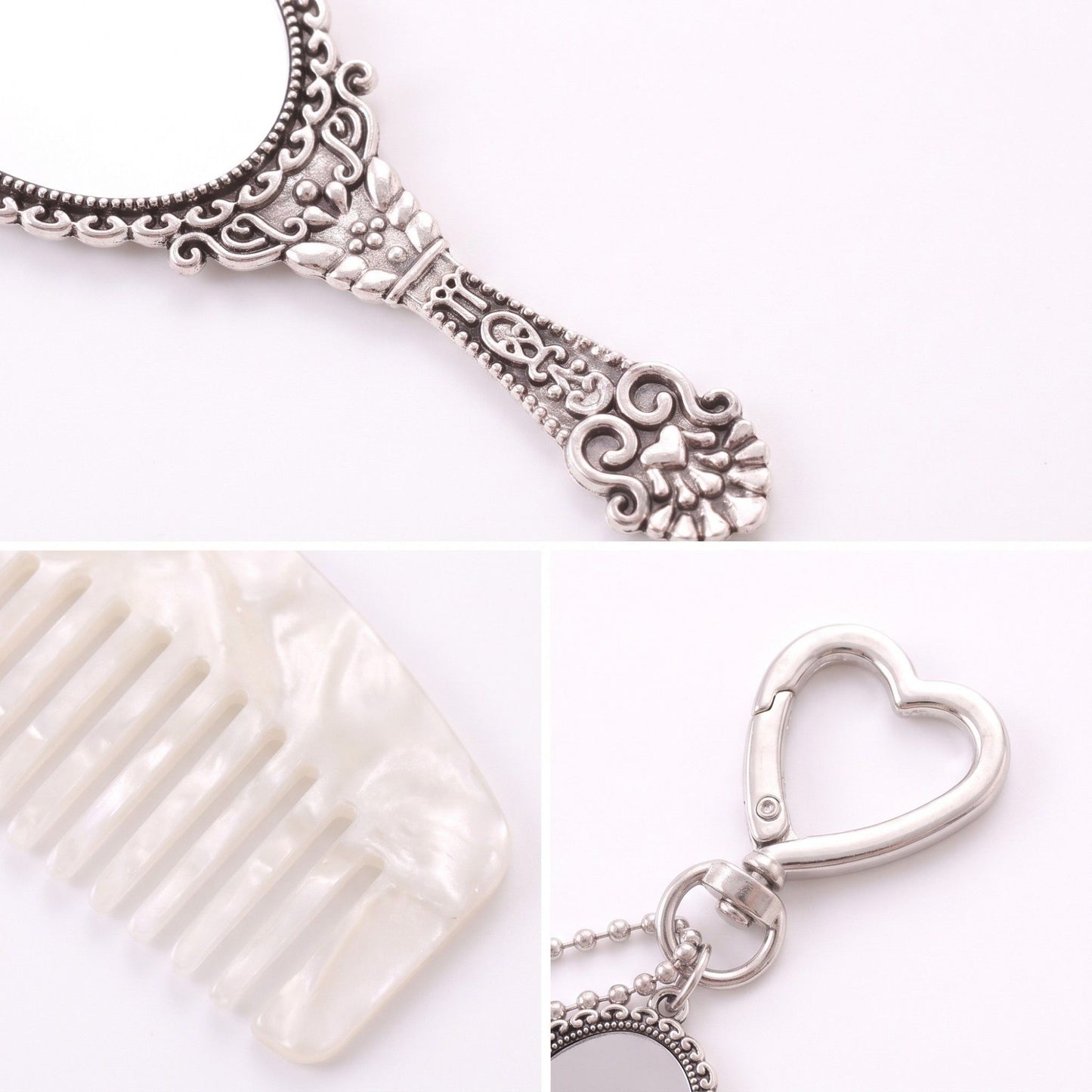 Mirror and Mini Comb Keychain Bag Charm with Heart Clip