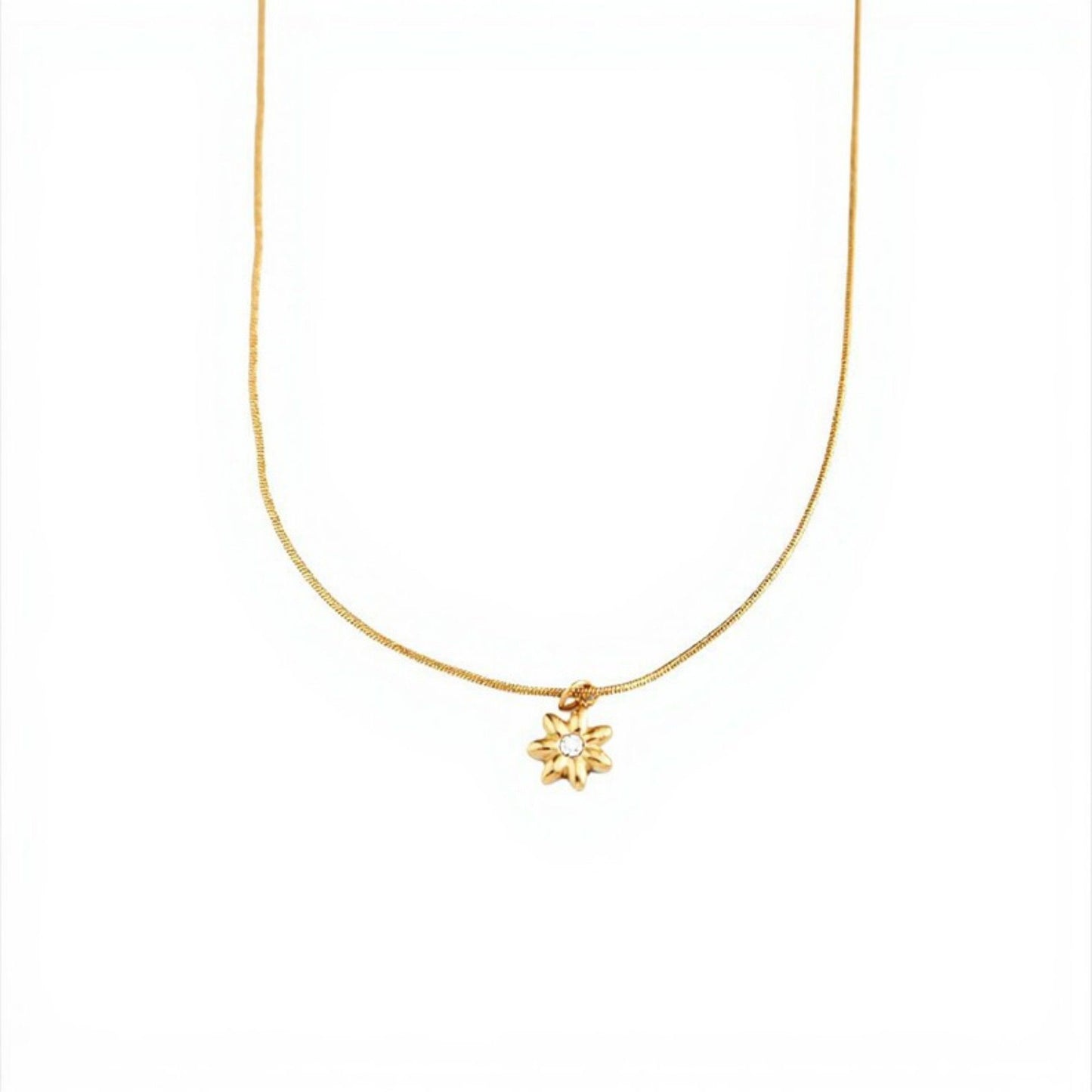Women's Dainty Flower Pendant Necklace with Crystal Center and Fine Chain Design 18in