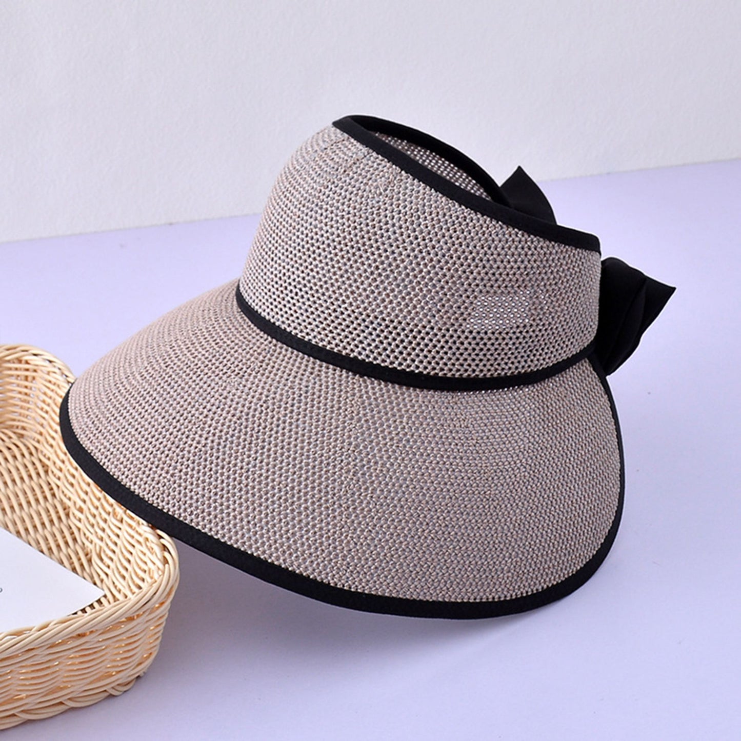 Womens Roll Up Straw Sun Visor Wide Brim Bow Detail Adjustable UV Protection Packable Summer Hat
