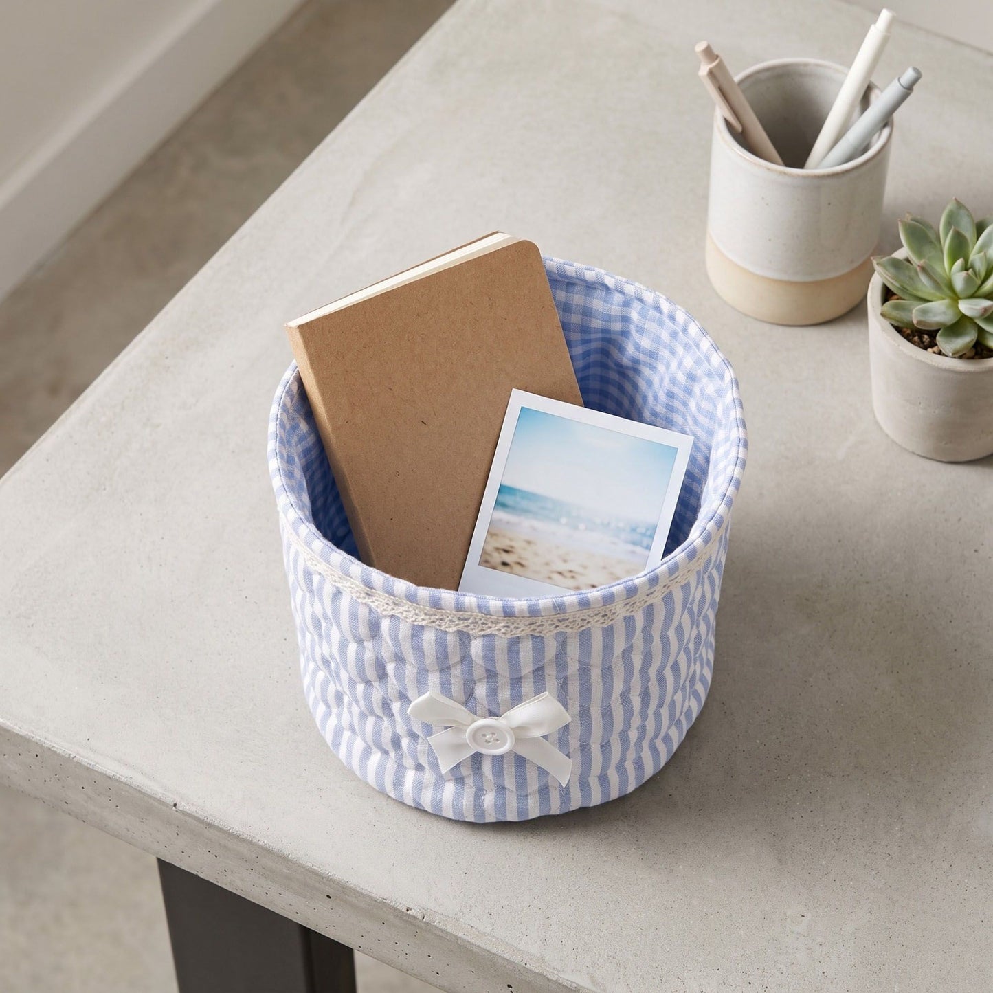 Quilted Fabric Storage Basket with Lace Trim and Bow