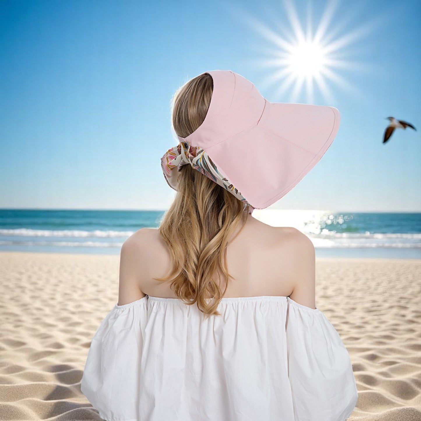 Wide Brim Sun Hat with Ponytail Hole Neck Tie Closure and Patterned Lining for UV Protection and Outdoor Style