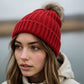 Cable Knit Beanie with Faux Fur Pom-Pom - Warm Stretchy Winter Hat for Casual Daily Wear
