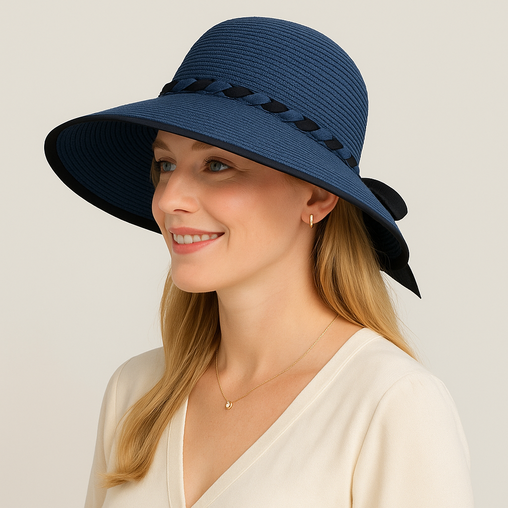 Women's Wide Brim Straw Hat with Braided Band and Contrast Bow Detail