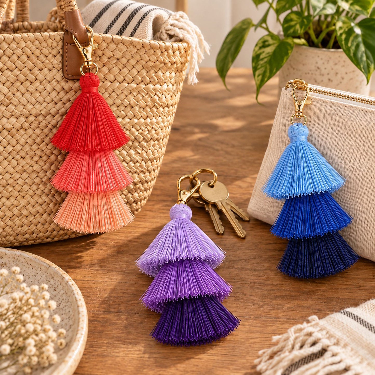 Multi-Layered Tassel Keychain Bohemian Bag Charm Assorted Set