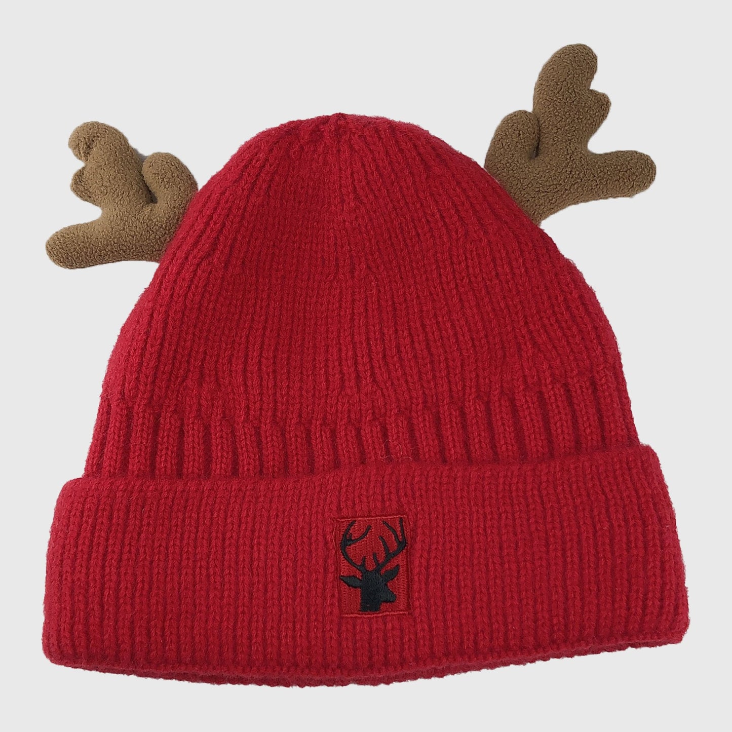 Knit Beanie with Reindeer Antlers - Festive Winter Hat